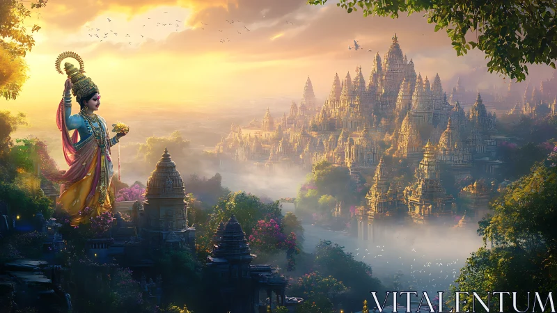 Divine deity overlooks luminous temple city at sunrise.