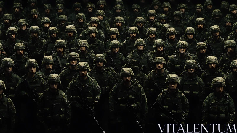 Photorealistic formation of uniformed soldiers in tight grid composition.