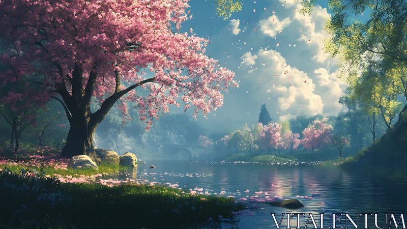 Blossom-laden river dream under cloud-cast spring light.