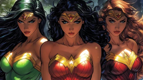Three Powerful Warrior Women in Comic Book Style Illustration.