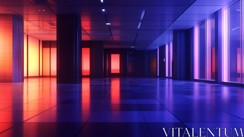 Modern Interior Space with Red and Blue Neon Lighting