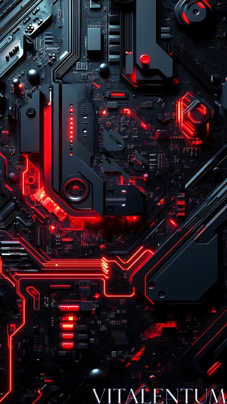 Cybernetic motherboard architecture with red neon circuit pathways