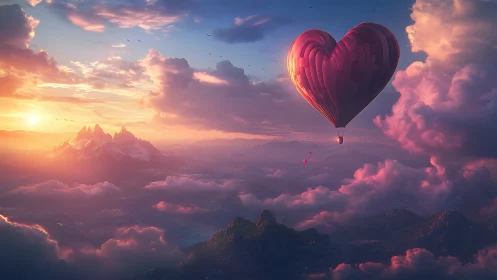 Red Heart-Shaped Hot Air Balloon at Sunset.