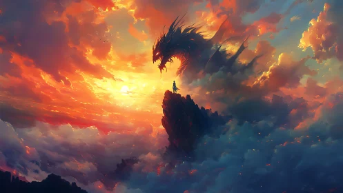 Aerodynamic dragon apparition over sunset cloud pinnacle.