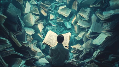Solitary reader amid turbulent volumetric paper vortex.