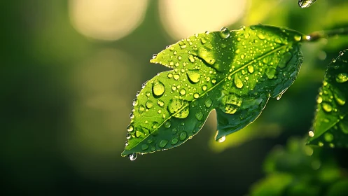 Leaf shows water droplets on surface in sharp close focus