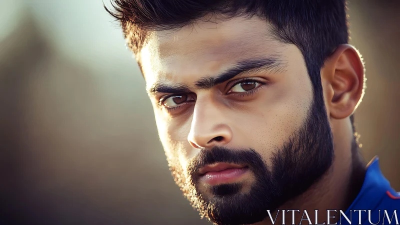 Close portrait shows a bearded man in sharp frontal focus