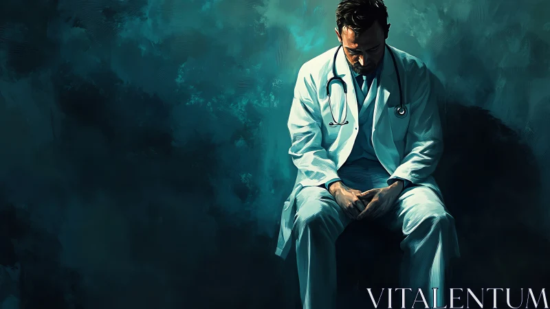 Exhausted doctor sits alone under dramatic teal shadows.