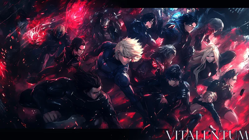 Futuristic strike team charging through crimson vortex storm.