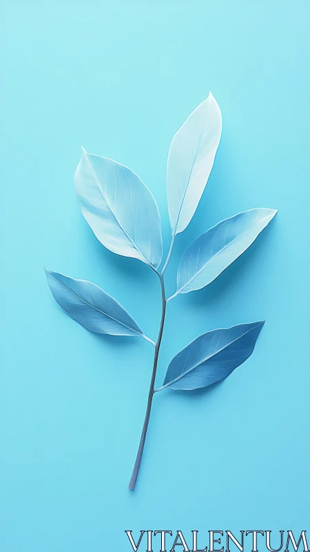 Minimal cyan leaf branch on solid pastel blue background.