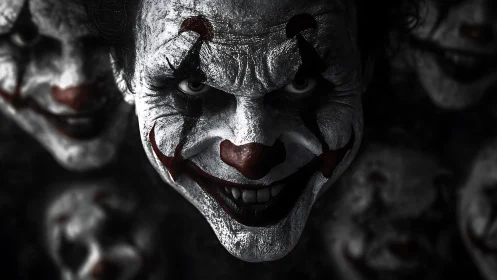 Eerie clown face leans from the shadows with intense grin