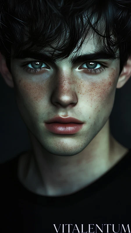 Intense portrait of freckled young man in dramatic light.