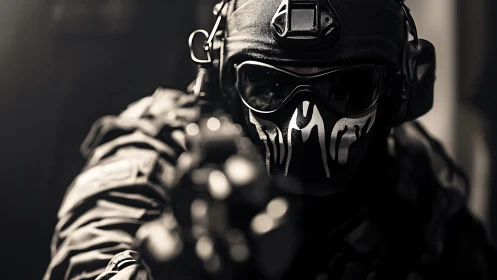 Shadowed tactical figure in dramatic monochrome focus.