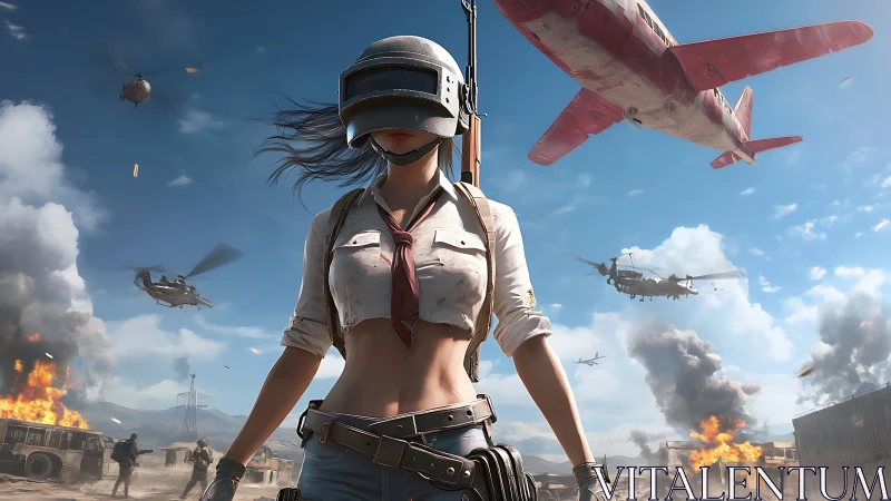 Helmeted woman soldier in chaotic modern battlefield scene.