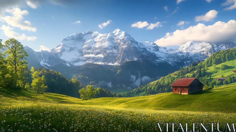 Alpine meadow landscape rendered in luminous digital realism