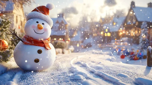 Smiling snowman brightens a glowing winter village evening.