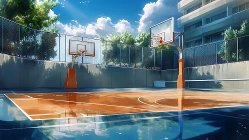 Sunlit urban court gleams after rain under open blue sky.