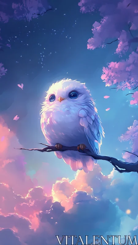 Soft little sky owl rests on a dreamy pastel cloud evening
