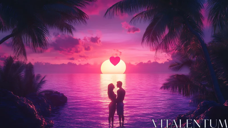 Tropical Sunset Romance with Silhouetted Couple and Heart Symbol.