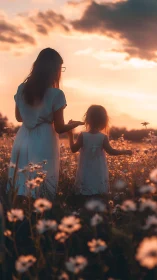 Backlit mother and child in wildflower field at sunset glow