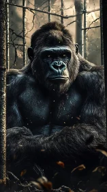 Powerful silverback gorilla rests calmly among tall trees