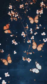 Monarch butterflies drift among stylized blossom branches at dusk