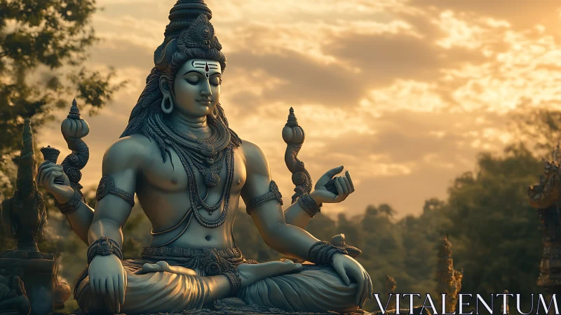 Divine meditation sculpture in golden hour atmospheric light.