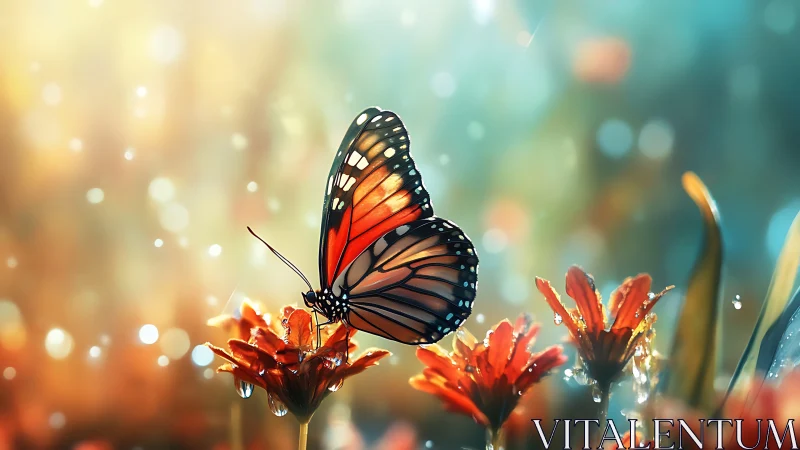 Butterfly lingers like living stained glass above sunlit petals