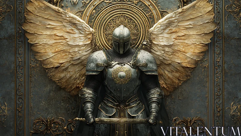 Angelic armored knight stands before ornate golden halo.