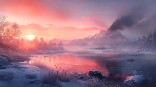 Volcanic mountain ignites serene winter sunrise lake.