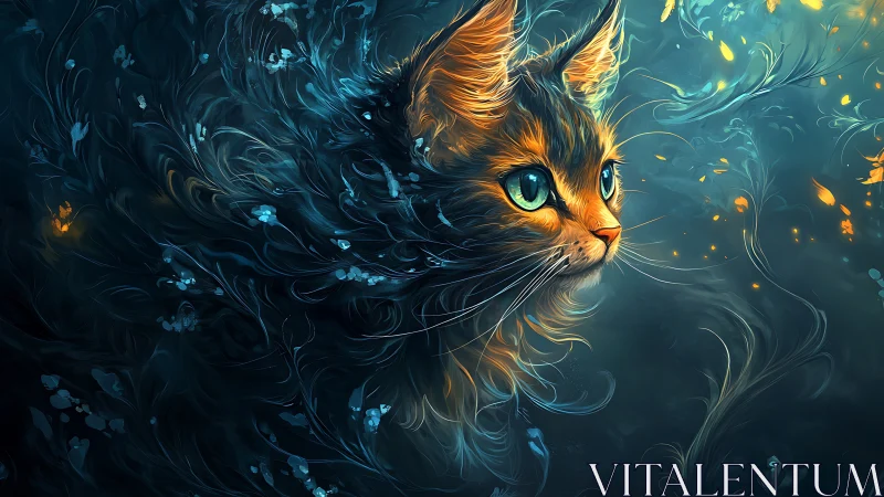 Mystical Cat with Glowing Eyes and Swirling Blue Aura.