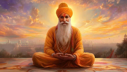 Meditative elder guru in saffron robes under radiant sunset sky