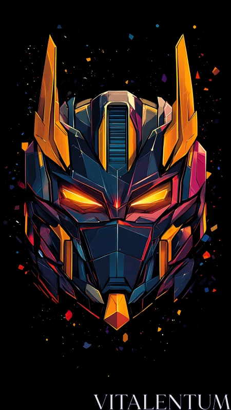 Futuristic robotic helmet glows with neon power in darkness