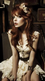 Red-haired woman in lace dress captured in cinematic chiaroscuro