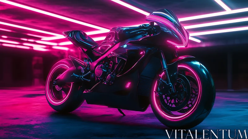 Neon-illuminated sport motorcycle in dark parking structure.