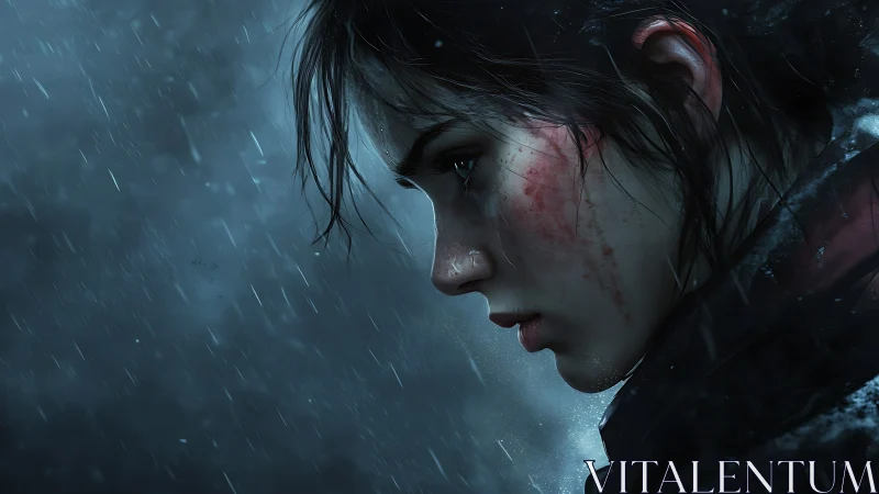 Profile study of rain‑soaked survivor under lateral storm lighting.