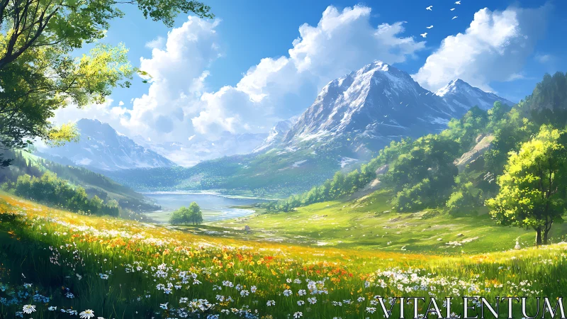 Sunlit wildflower valley opening toward bright alpine peaks.