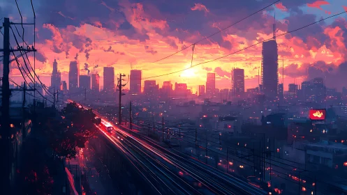 Neon rail trails cutting through a cyber sunset metropolis.
