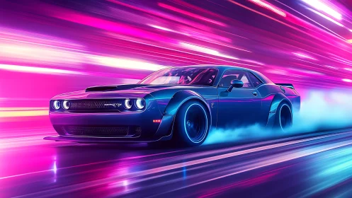 Neon muscle car charges through hyperbright cyber highway.