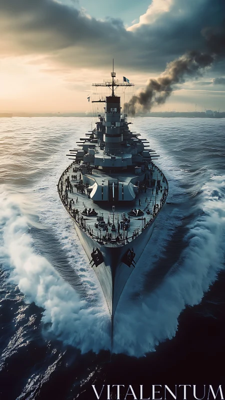 Battleship cuts through open sea under heavy cloud cover.