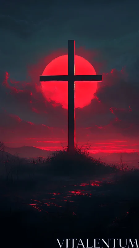 Silhouetted cross intersects crimson sun in high contrast skyline
