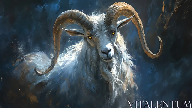 Luminous mountain goat portrait with spiraled horns, cinematic light.