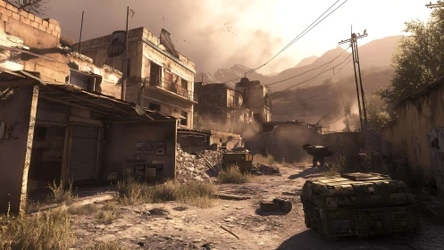 Sunlit war-torn street quietly resting between mountains.