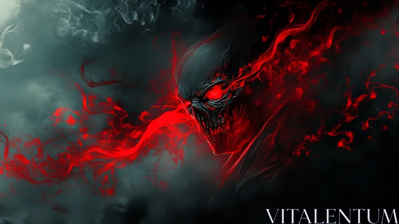 Demonic skull wreathed in red smoke on dark background.