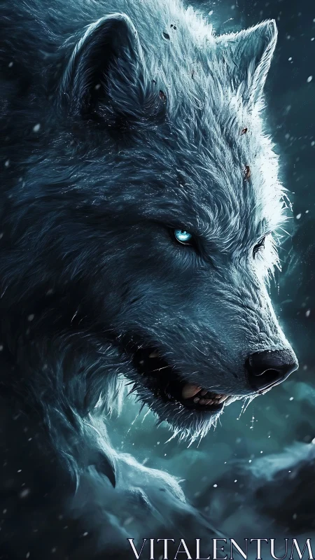 White wolf snarls in close-up profile amid falling snow