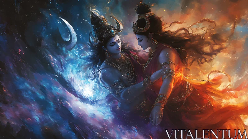 Divine cosmic lovers embrace amid swirling fire and starlit mist