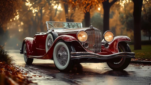 Vintage red roadster glowing on a misty autumn lane.