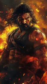 Incandescent warrior portrait in dynamic fiery chroma field.