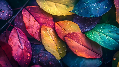 Wet multicolored leaves display strong surface detail and contrast