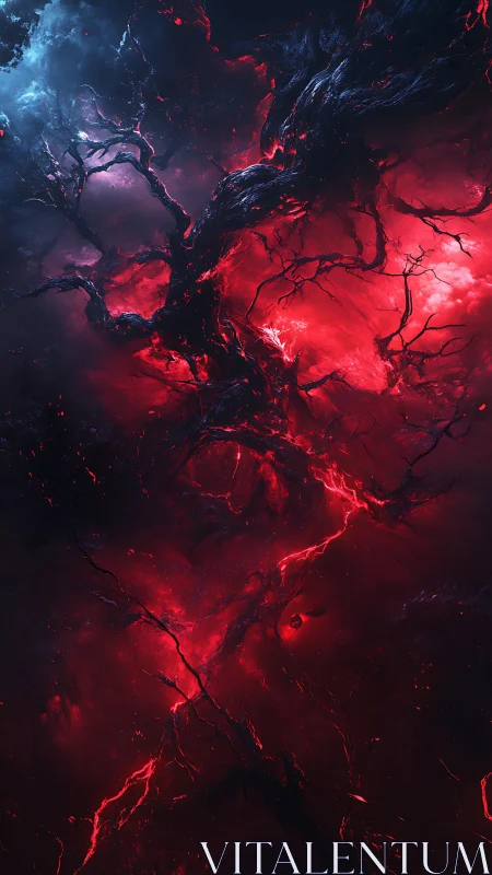 Cosmic Ember Tree Twisting Through Crimson Storms.
